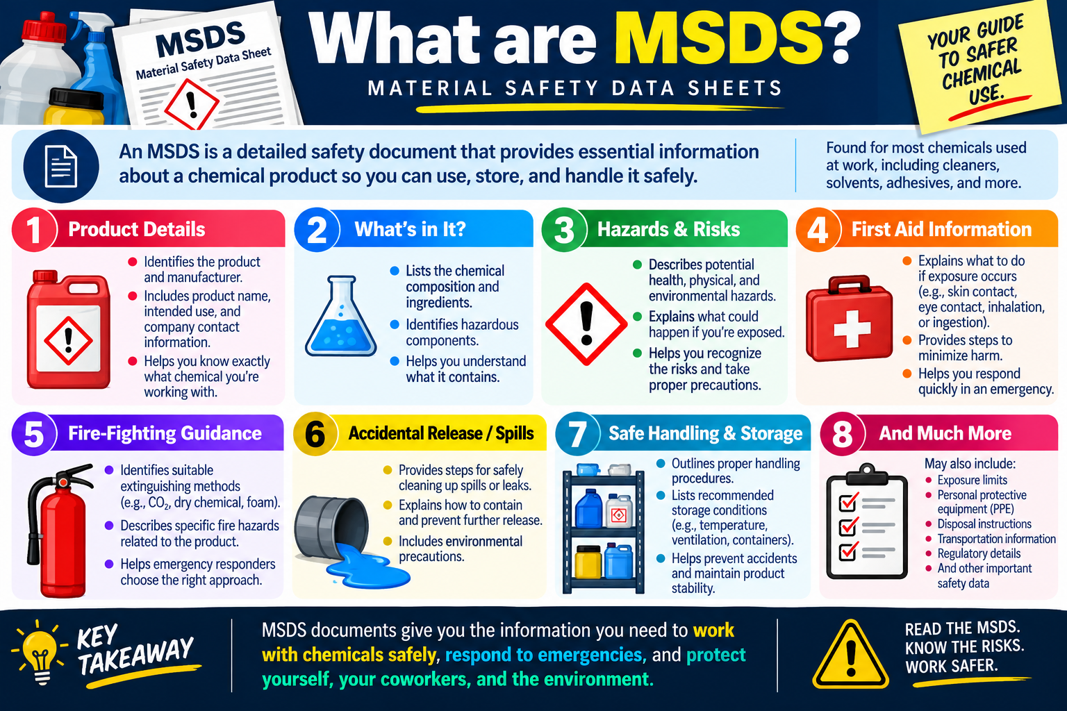 What are MSDS infographic explaining product details, ingredients, hazards, first aid, fire-fighting guidance, spill cleanup, safe handling, storage, and other safety information.