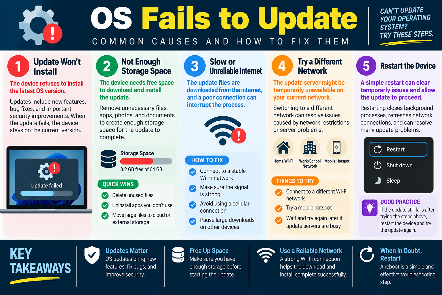 OS fails to update infographic explaining update failure causes including not enough storage space, slow or unreliable internet, trying a different network, restarting the device, and key update troubleshooting takeaways.