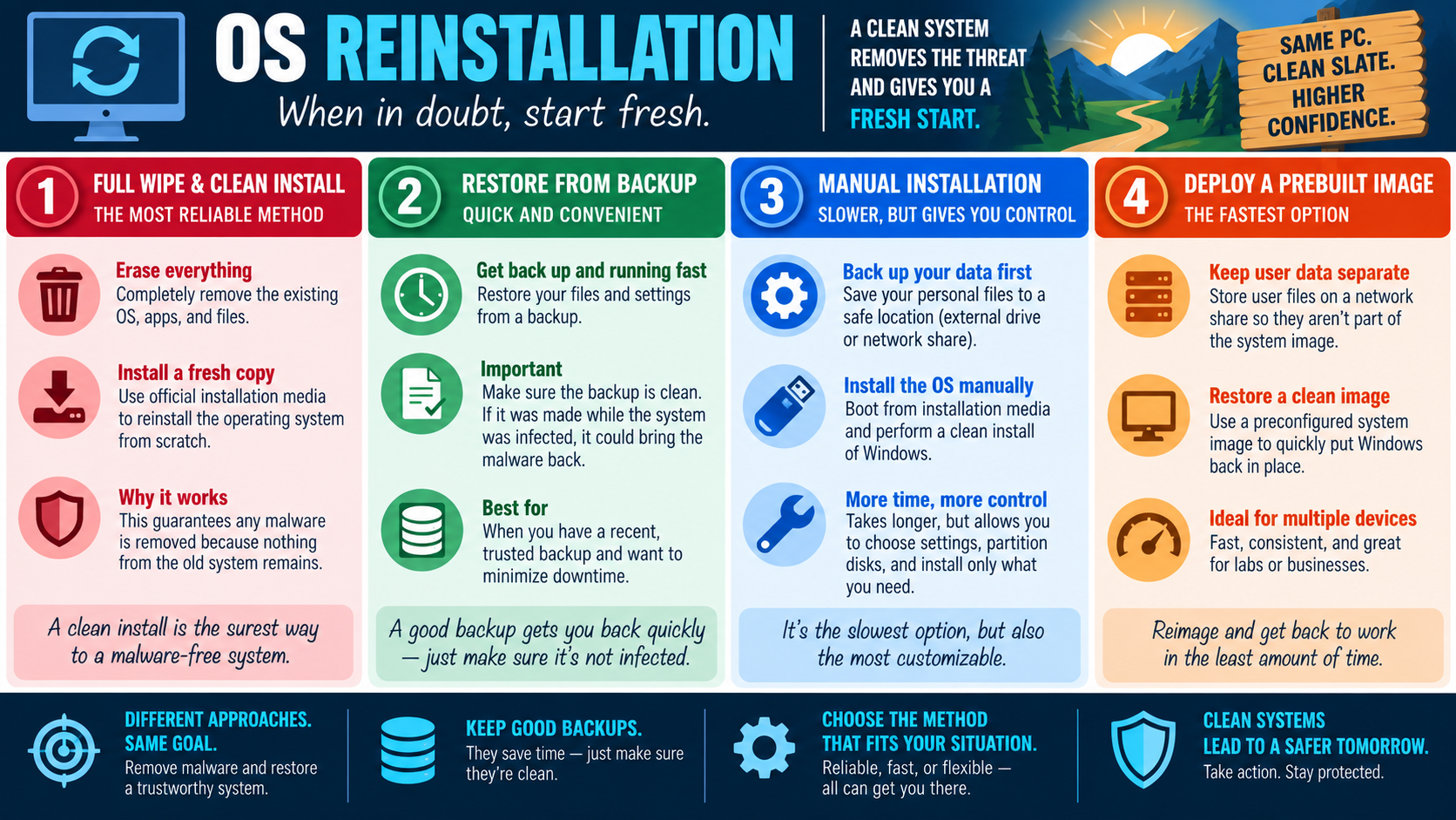 OS Reinstallation infographic explaining full wipe and clean install, restore from backup, manual installation, prebuilt images, separate user data, clean backups, and choosing the right malware recovery method.