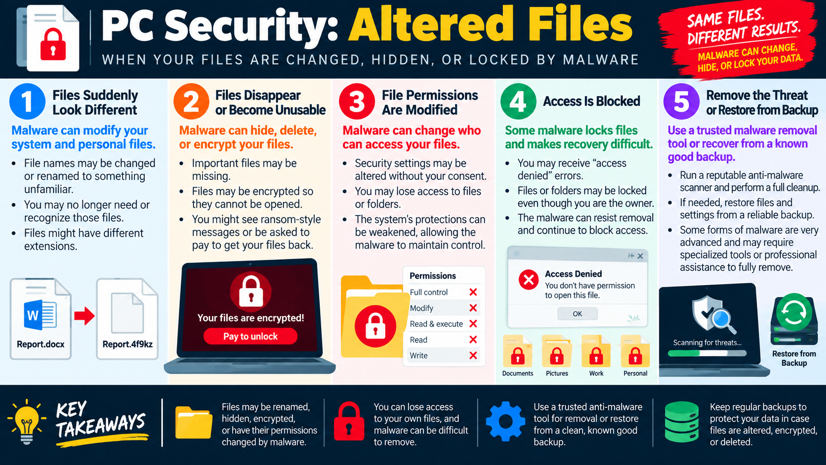 Infographic explaining altered files caused by malware, including renamed files, missing or encrypted files, permission changes, access denied errors, and restoring from backup.