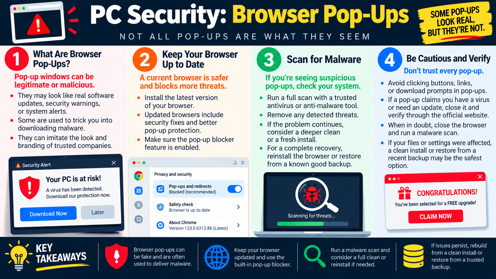 Infographic explaining browser pop-ups, browser updates, malware scans, and safe verification steps for PC security.