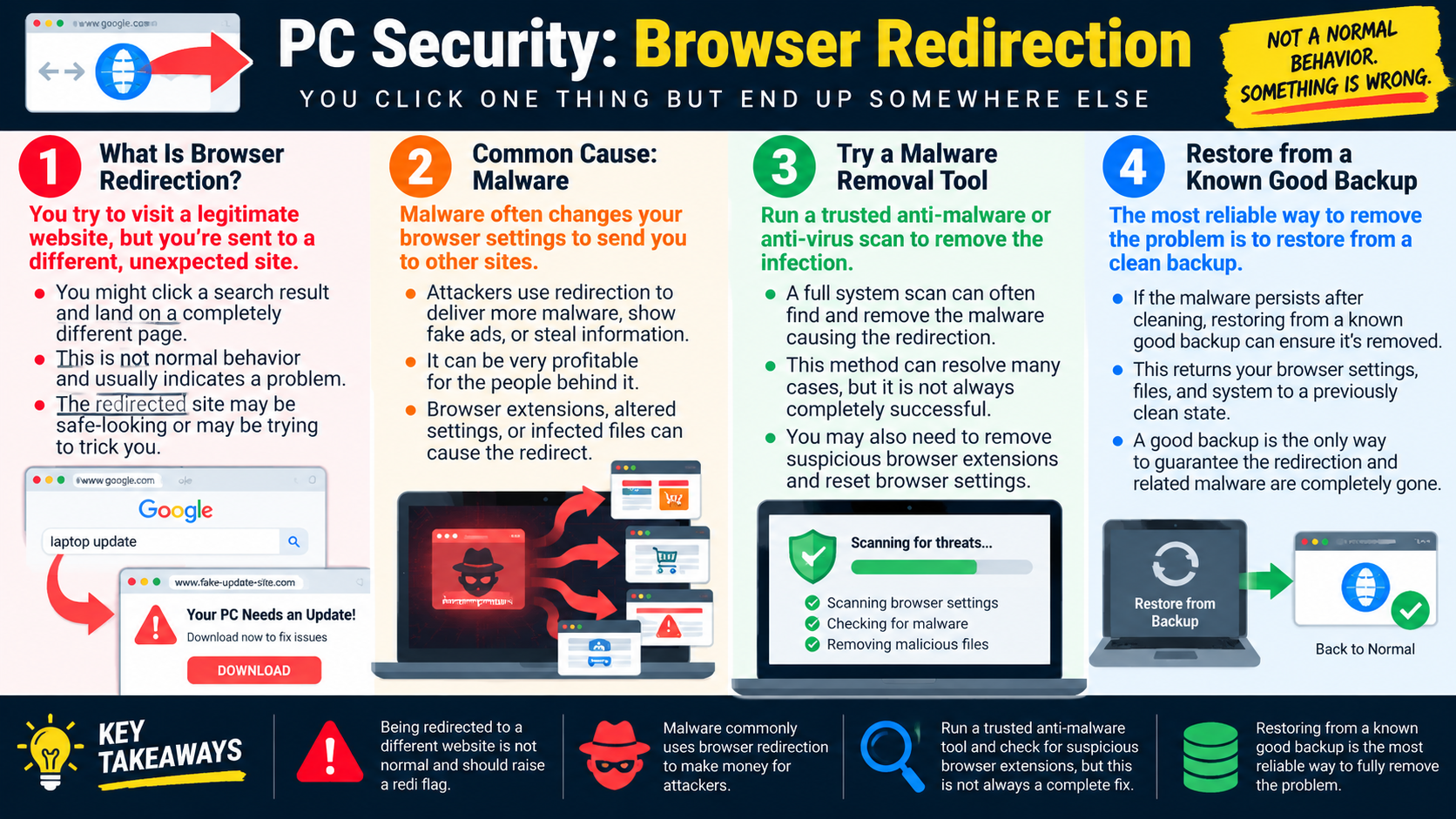 Infographic explaining browser redirection, malware causes, anti-malware scanning, suspicious extensions, and restoring from a known good backup.