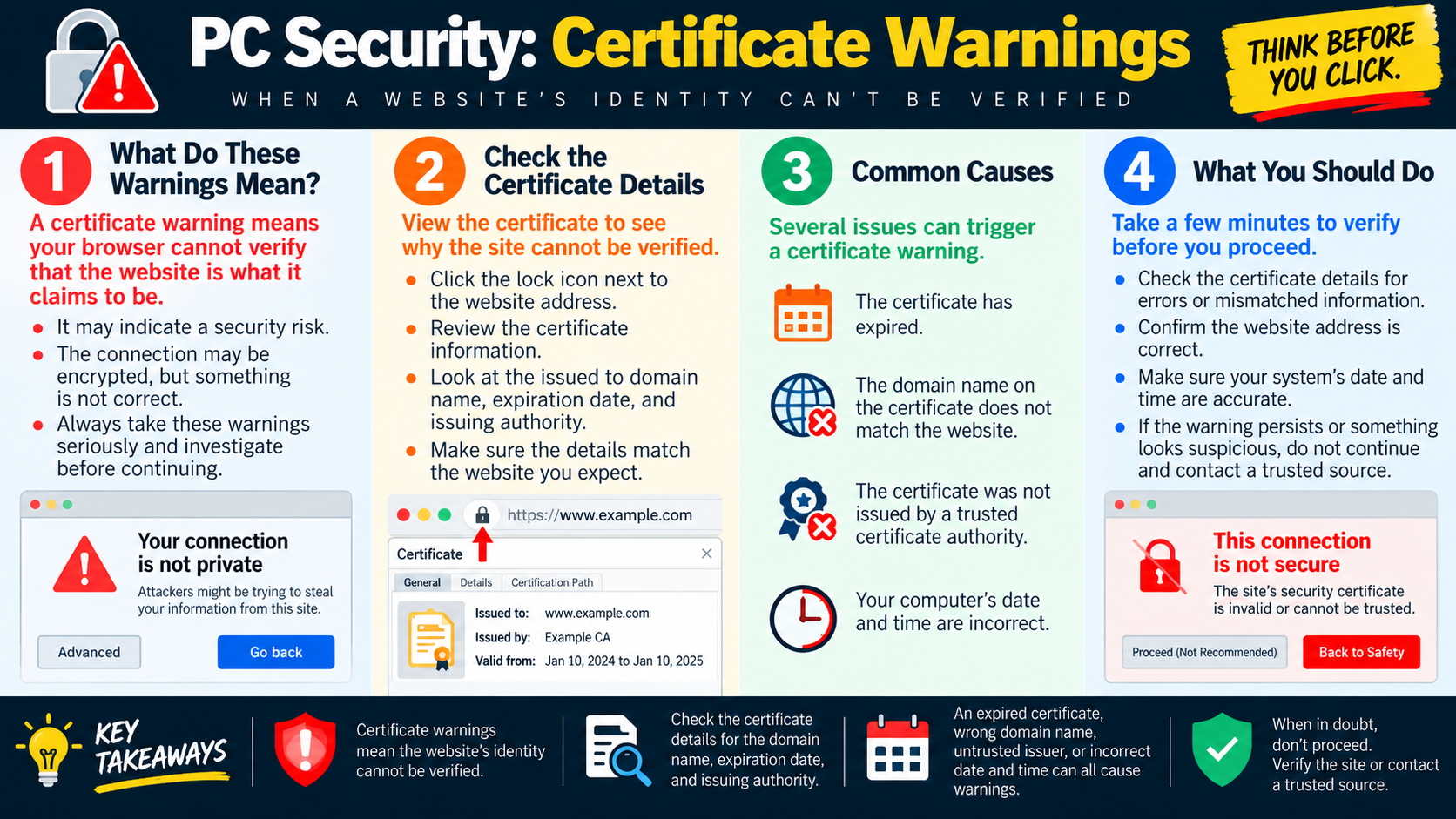 Infographic explaining certificate warnings, certificate details, common causes such as expired certificates and domain mismatch, and safe verification steps.
