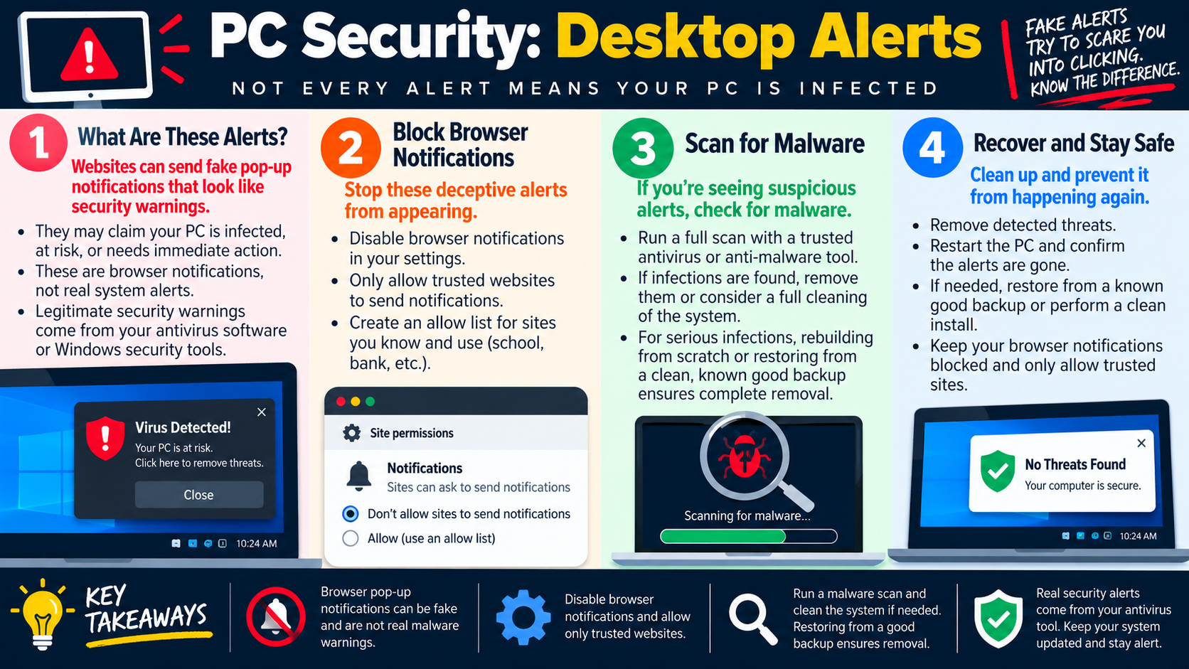 Infographic explaining PC security desktop alerts, fake browser notifications, malware scans, and recovery steps.