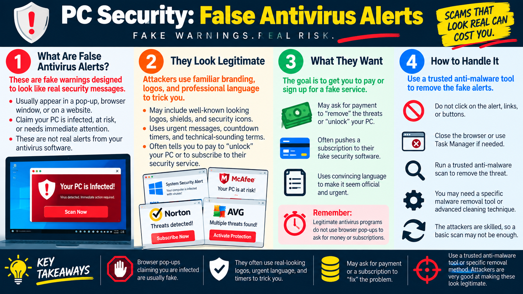 Infographic explaining false antivirus alerts, scareware tactics, payment scams, and safe handling steps.