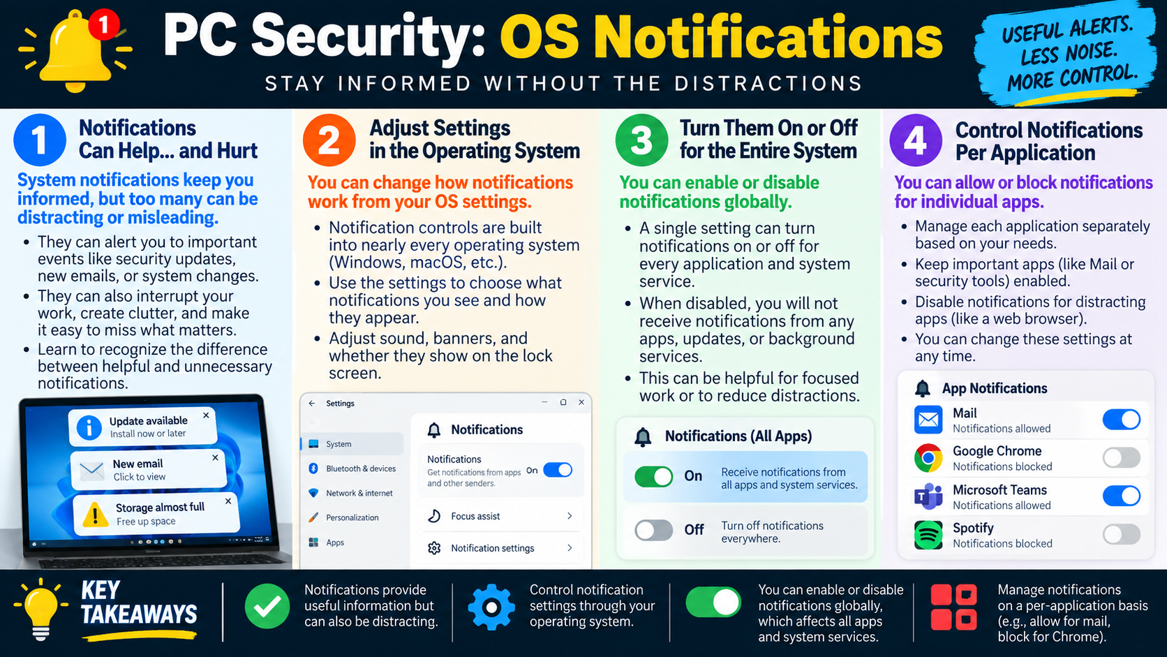 Infographic explaining operating system notifications, notification settings, global notification controls, and per-application notification management.