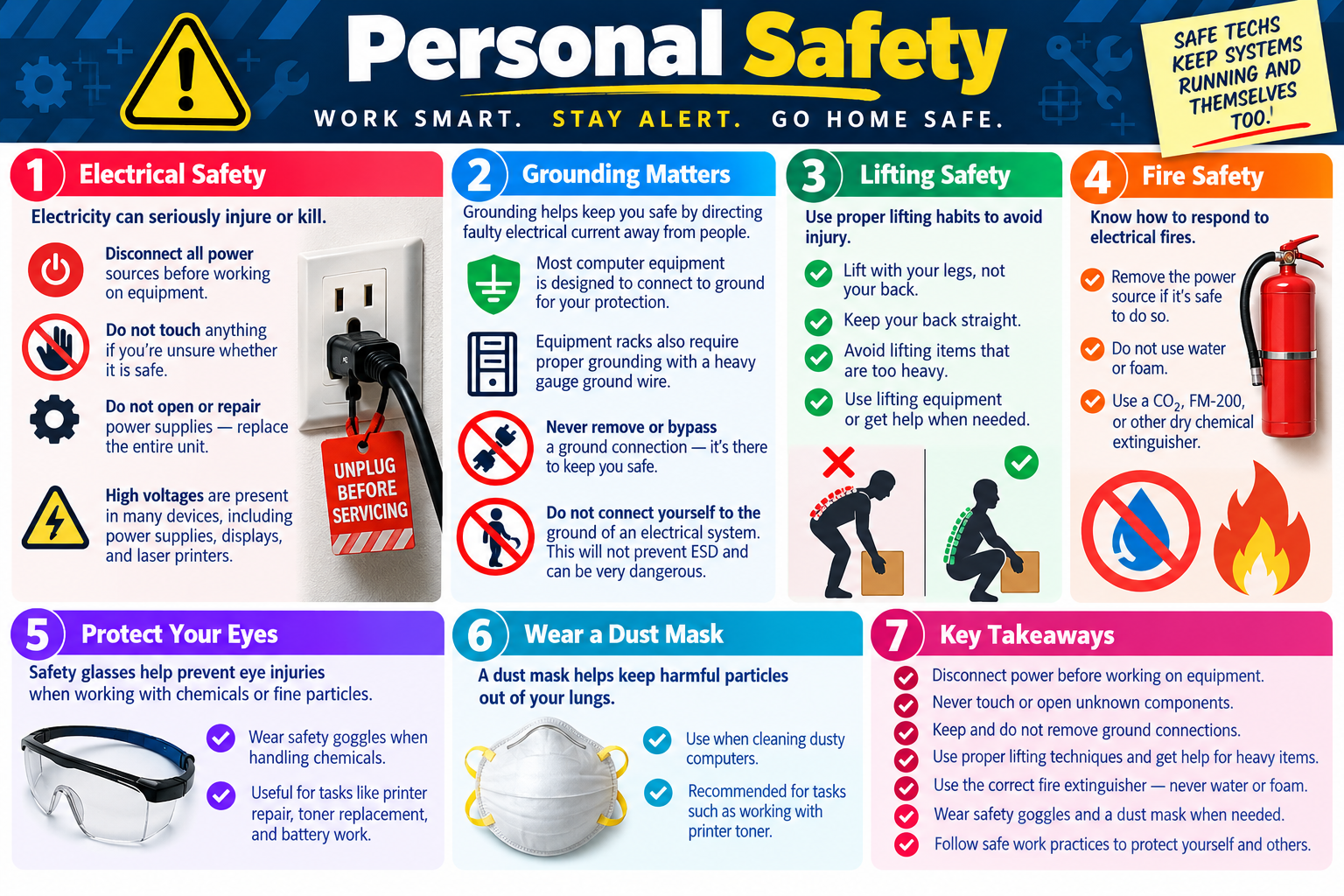 Personal Safety infographic explaining electrical safety, grounding, lifting safety, fire safety, eye protection, dust masks, and key takeaways for safe technician work.