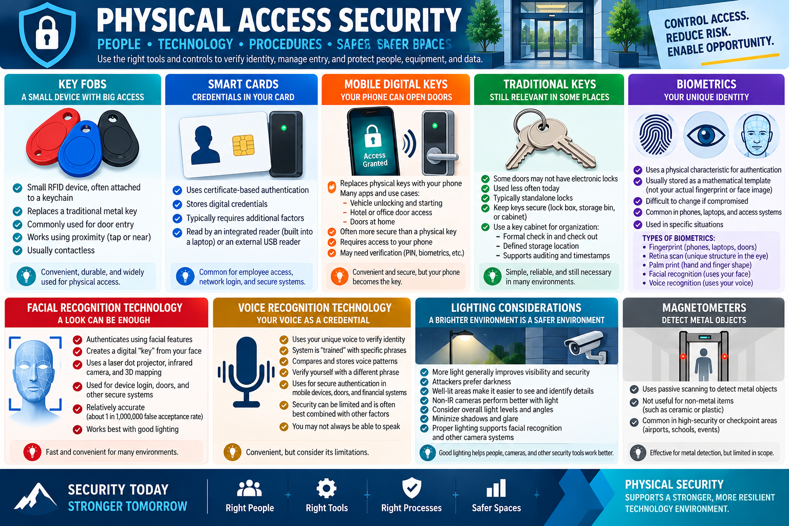 Physical access security controls including key fobs, smart cards, mobile digital keys, traditional keys, biometrics, lighting, and magnetometers.