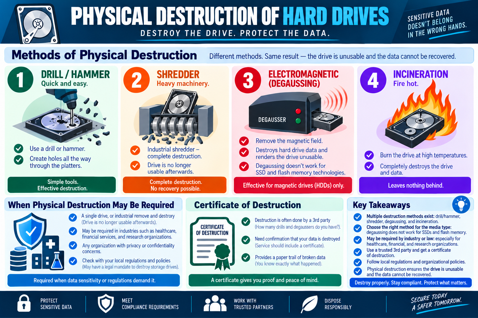 Infographic explaining physical destruction of hard drives, including drilling, shredding, degaussing, incineration, certificate of destruction, compliance reasons, and key takeaways.
