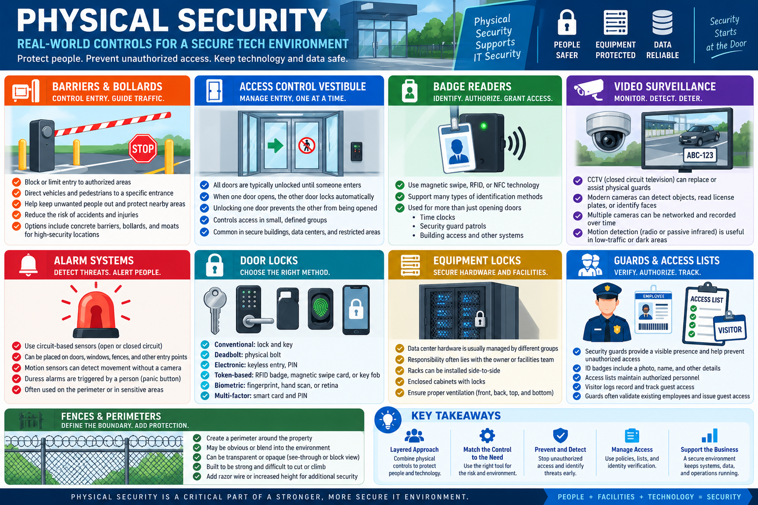 Physical security controls including barriers, vestibules, badge readers, surveillance, alarms, locks, equipment locks, guards, and perimeter protection.