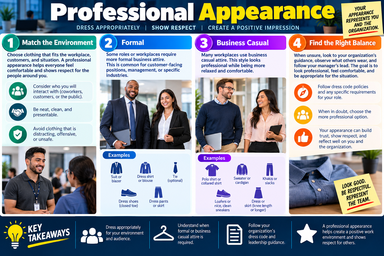 Professional Appearance infographic explaining how to match the environment, use formal attire, use business casual attire, find the right balance, and create a positive impression.