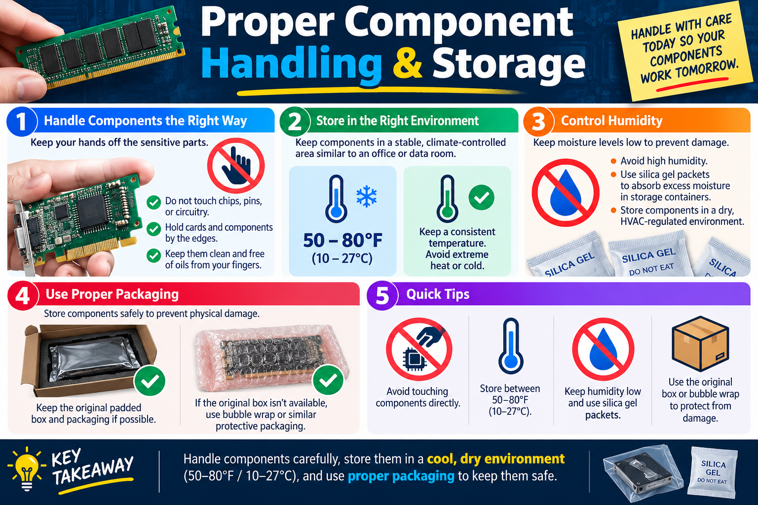 Proper Component Handling and Storage infographic explaining how to handle components by the edges, store parts in a controlled environment, control humidity, use packaging, and protect components from damage.