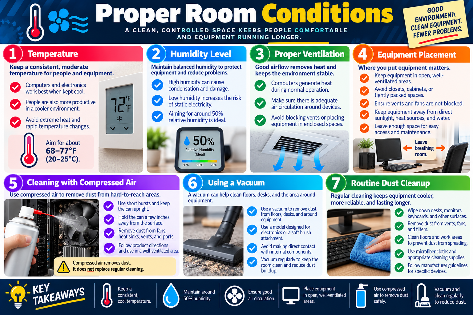 Proper Room Conditions infographic explaining temperature, humidity level, ventilation, equipment placement, compressed air cleaning, vacuum use, and routine dust cleanup.