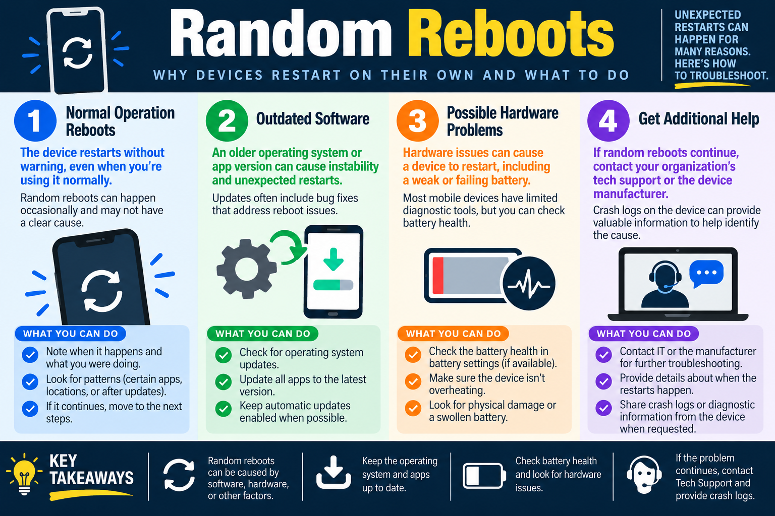Random reboots infographic explaining normal operation reboots, outdated software, possible hardware problems, and when to get additional help for mobile devices that restart on their own.