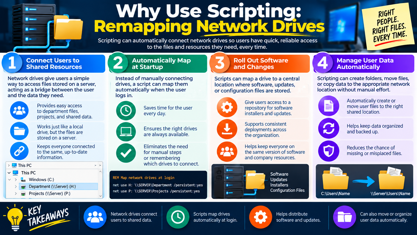 Why Use Scripting Remapping Network Drives infographic explaining mapped drives, login scripts, software rollout, and automated user data management.