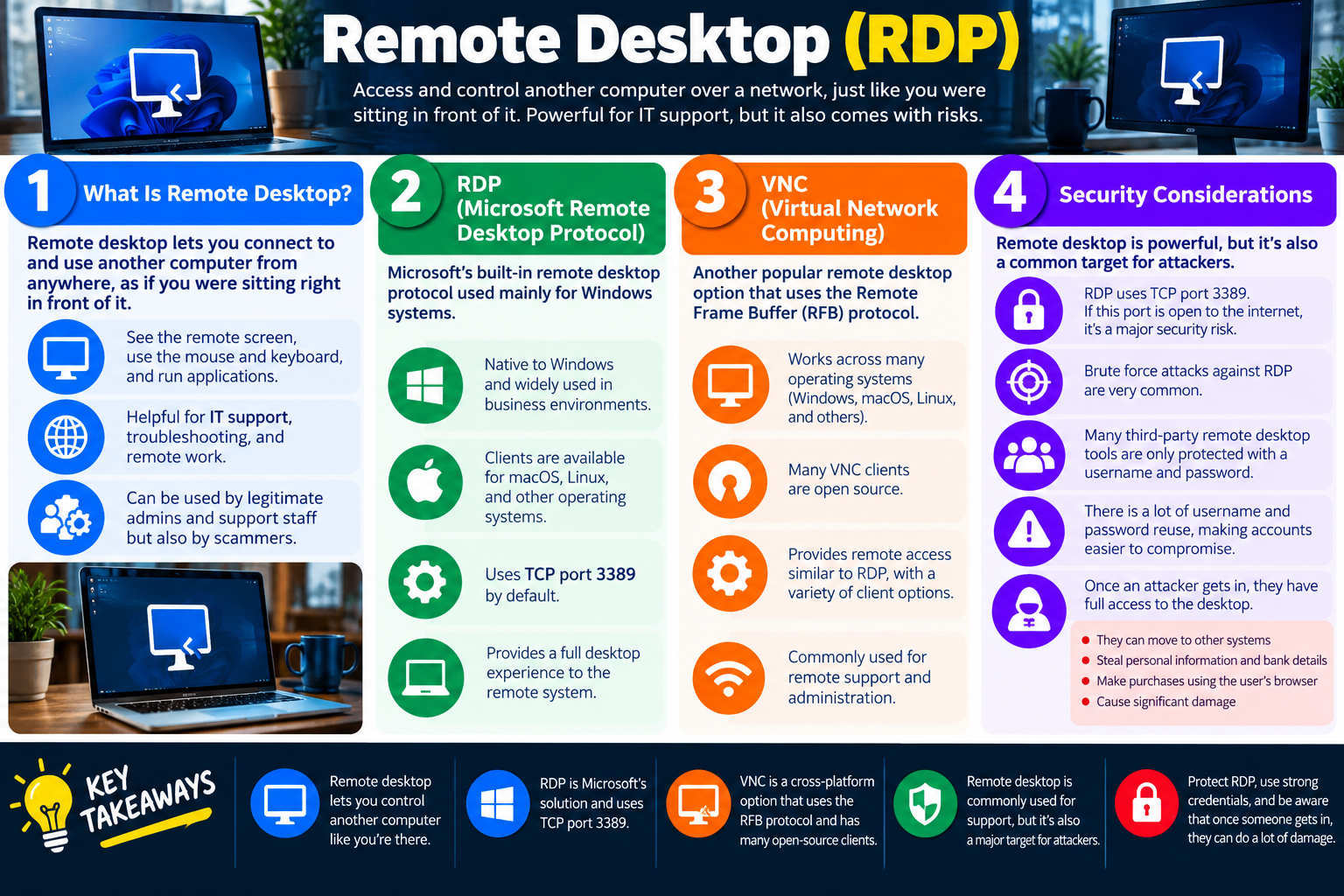 Remote Desktop RDP infographic explaining remote desktop access, Microsoft Remote Desktop Protocol, VNC, and remote desktop security considerations.