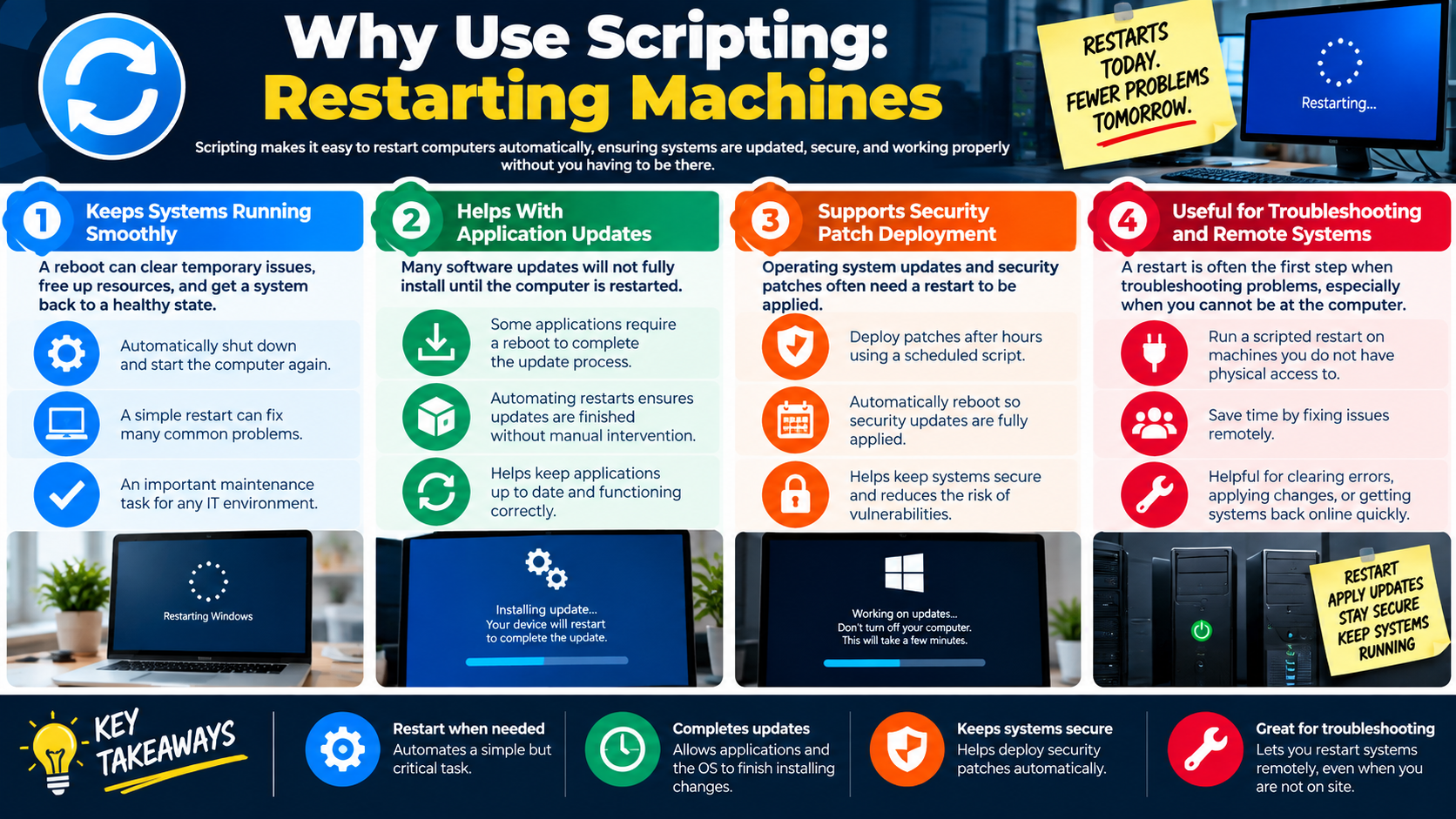 Why Use Scripting Restarting Machines infographic explaining automated restarts, application updates, security patch deployment, troubleshooting, and remote systems.