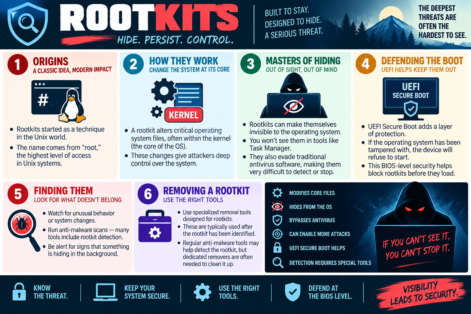 Rootkits infographic explaining how rootkits hide, persist, modify core operating system files, bypass antivirus, defend against boot-level compromise, and require specialized removal tools.