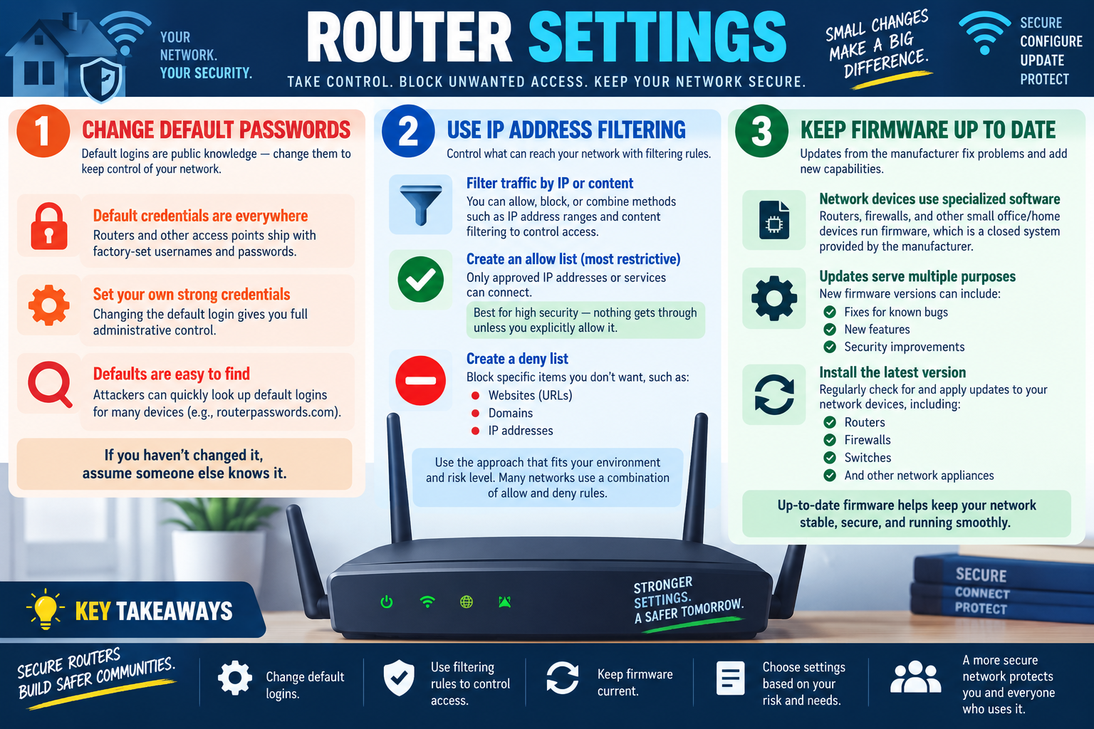 Router settings infographic explaining default password changes, IP address filtering, allow and deny lists, firmware updates, and key SOHO router security takeaways.