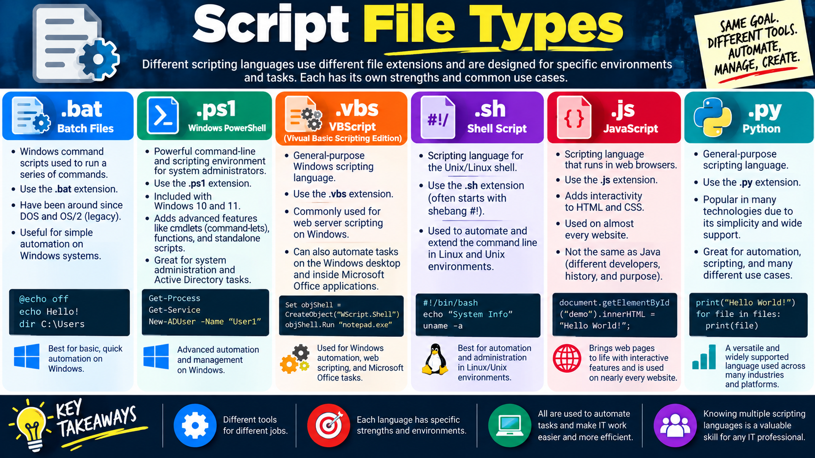 Script File Types infographic comparing batch files, PowerShell, VBScript, shell scripts, JavaScript, and Python file extensions and use cases.