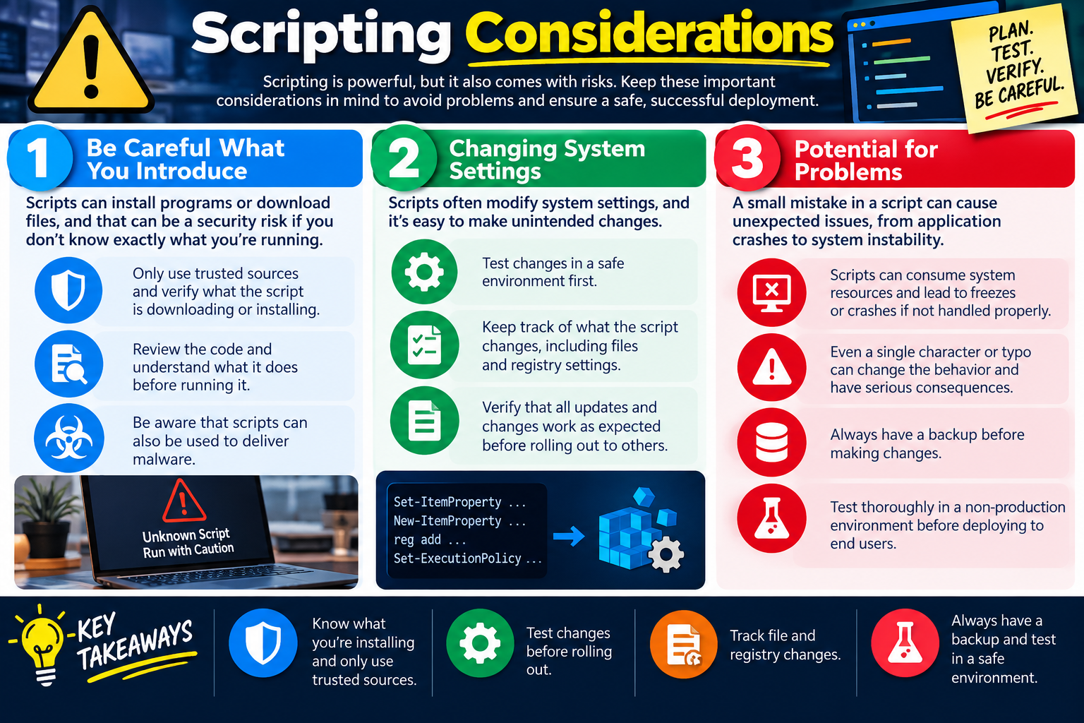 Scripting Considerations infographic explaining trusted sources, code review, system setting changes, backups, testing, and potential scripting problems.