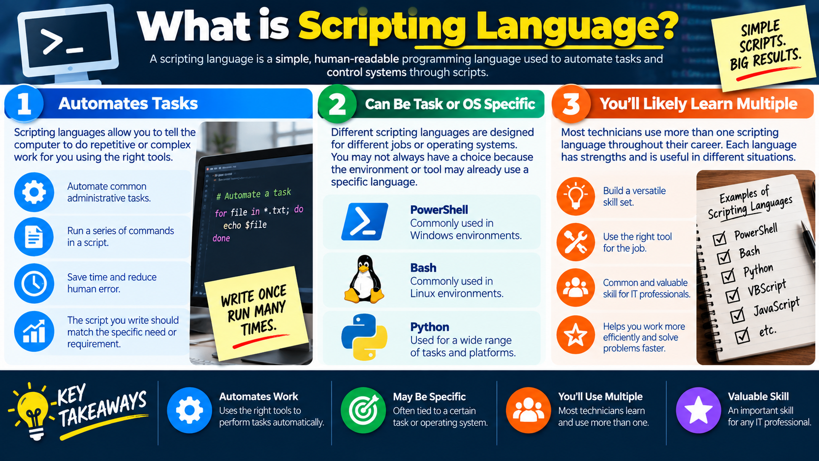 What is Scripting Language infographic explaining task automation, operating system specific scripting languages, and why technicians learn multiple scripting languages.