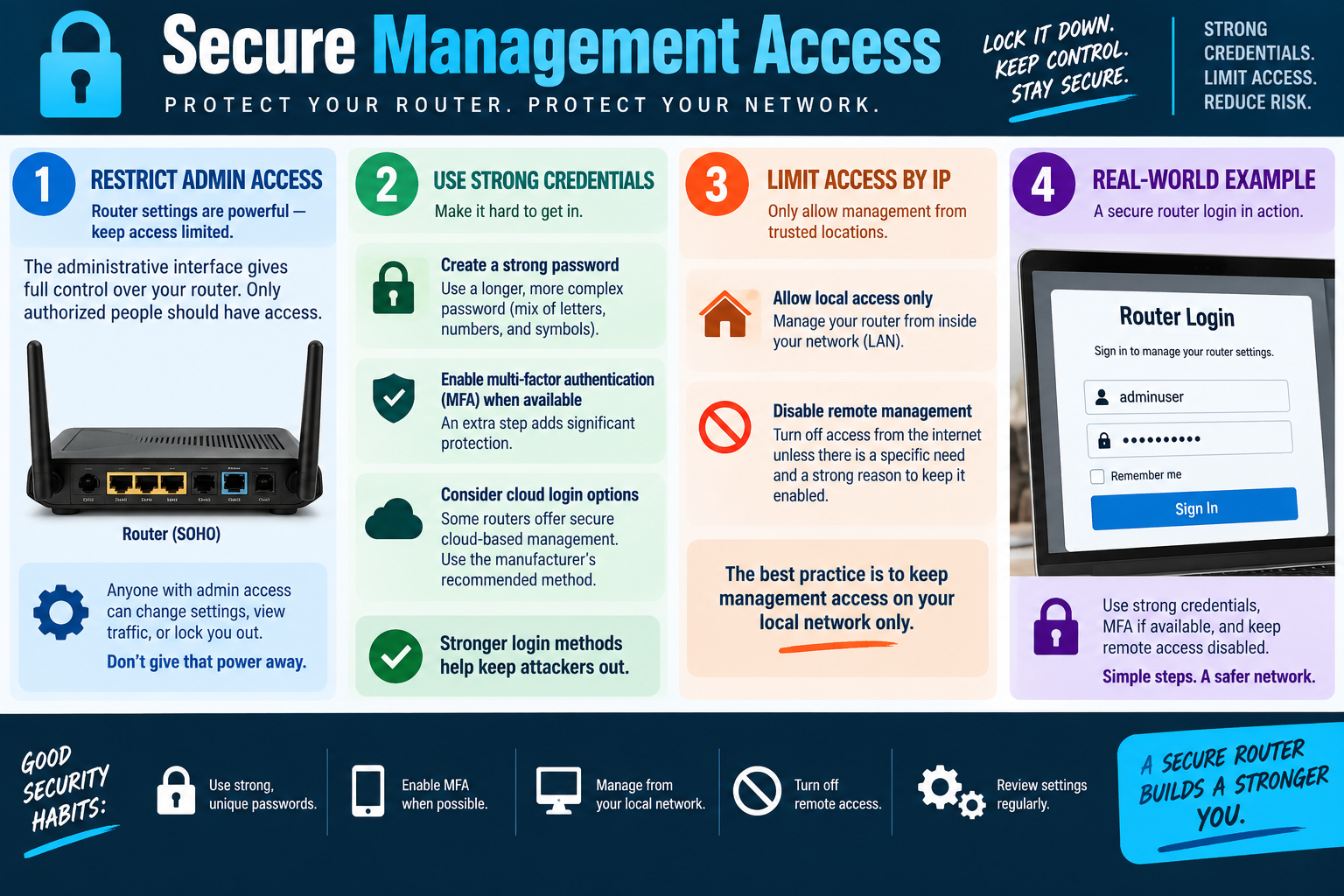 Secure management access infographic explaining router admin access restriction, strong credentials, MFA, local-only management, disabling remote management, and secure login habits.
