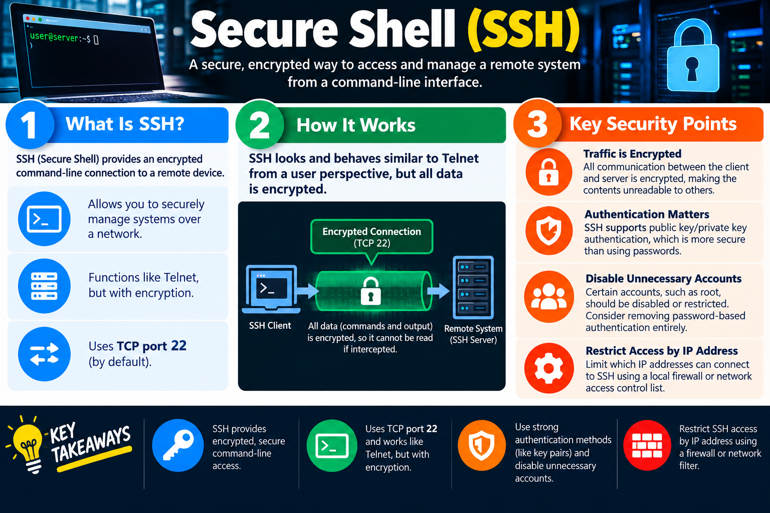 Secure Shell SSH infographic explaining encrypted command-line access, TCP port 22, how SSH works, and key security points such as authentication, disabling unnecessary accounts, and restricting access by IP address.