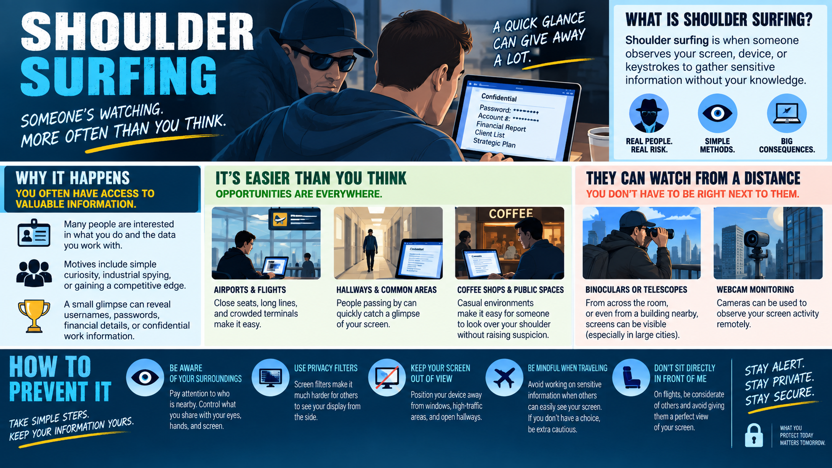 Shoulder surfing infographic explaining observation of screens, devices, and keystrokes; risks in airports, hallways, coffee shops, public spaces, binocular observation, webcam monitoring, and prevention with awareness, privacy filters, screen positioning, and travel caution.