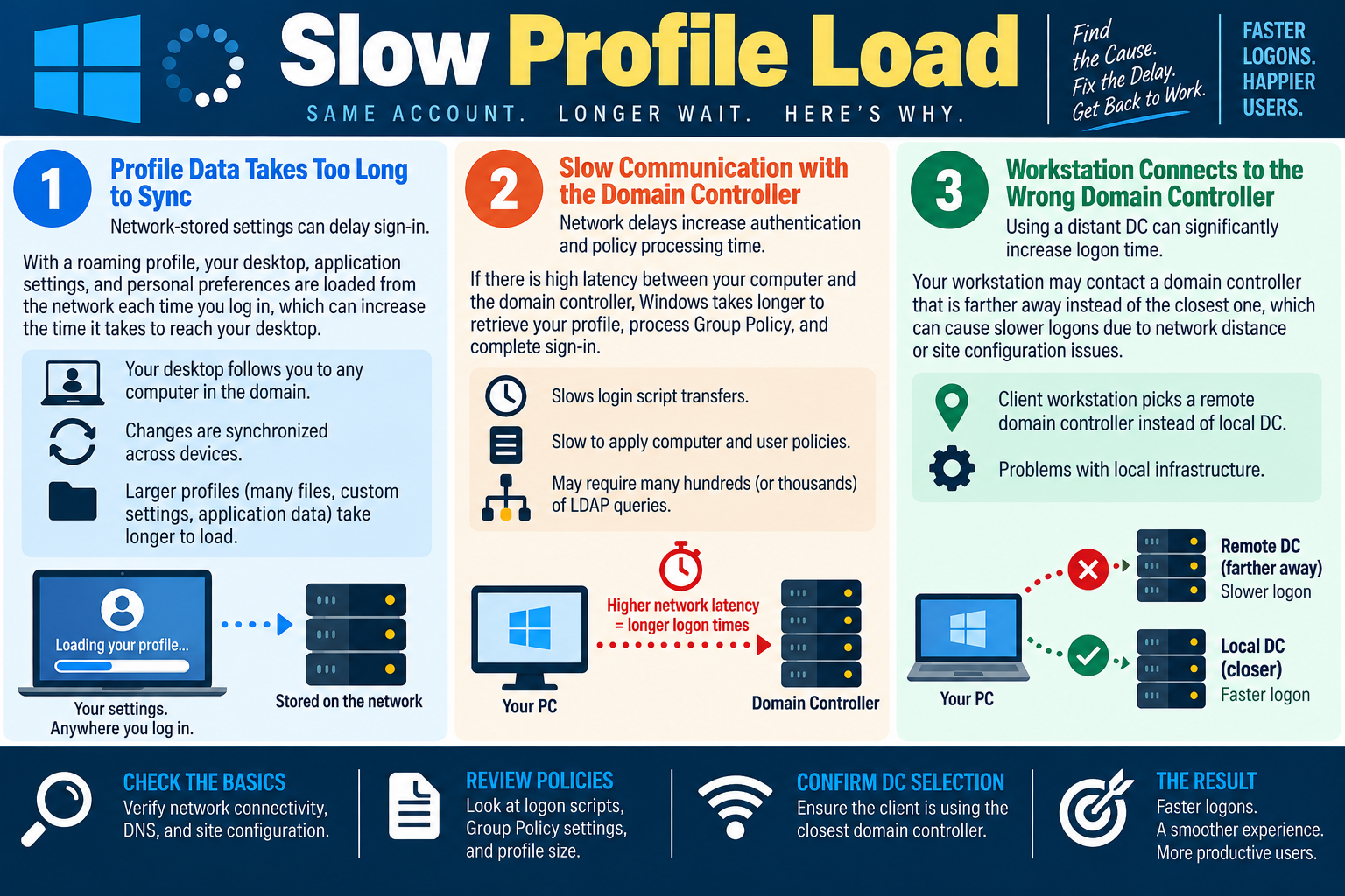 Slow profile load infographic explaining roaming profile sync, domain controller latency, wrong domain controller selection, policy review, DNS, and site configuration.