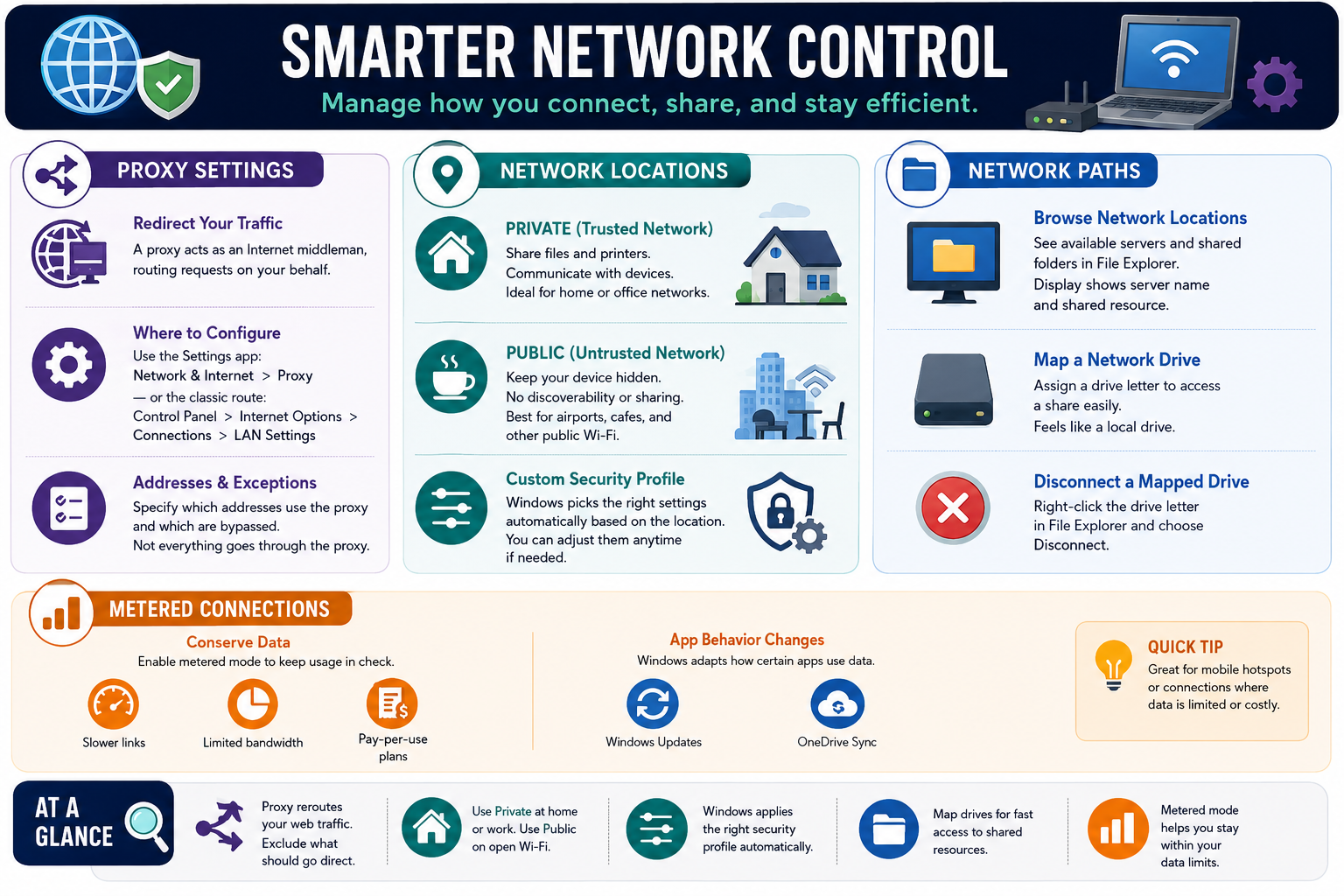 Smarter network control infographic covering proxy settings, private and public network locations, network paths, mapped drives, disconnected mapped drives, and metered connections