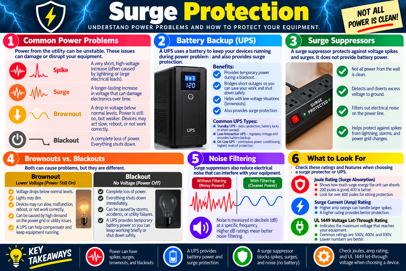 Surge Protection infographic explaining spikes, surges, brownouts, blackouts, UPS battery backups, surge suppressors, noise filtering, and protection ratings.