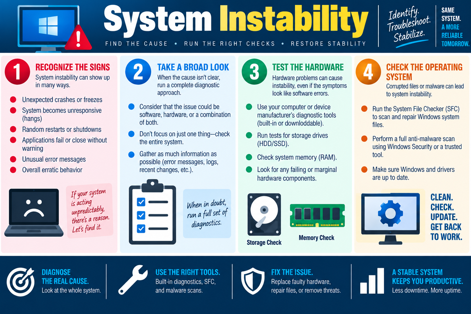 System instability infographic explaining signs of instability, broad diagnostics, hardware testing, and operating system checks.