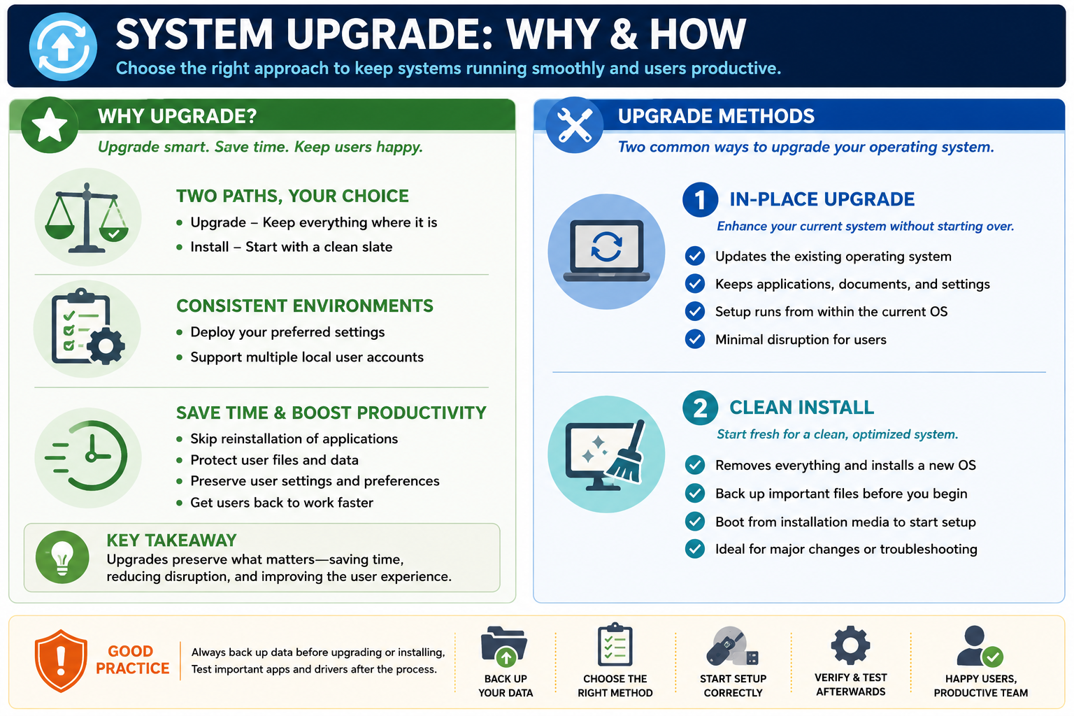 Infographic explaining system upgrade reasons and methods, including in-place upgrade, clean install, preserving applications documents and settings, backup practices, verification, and user productivity.