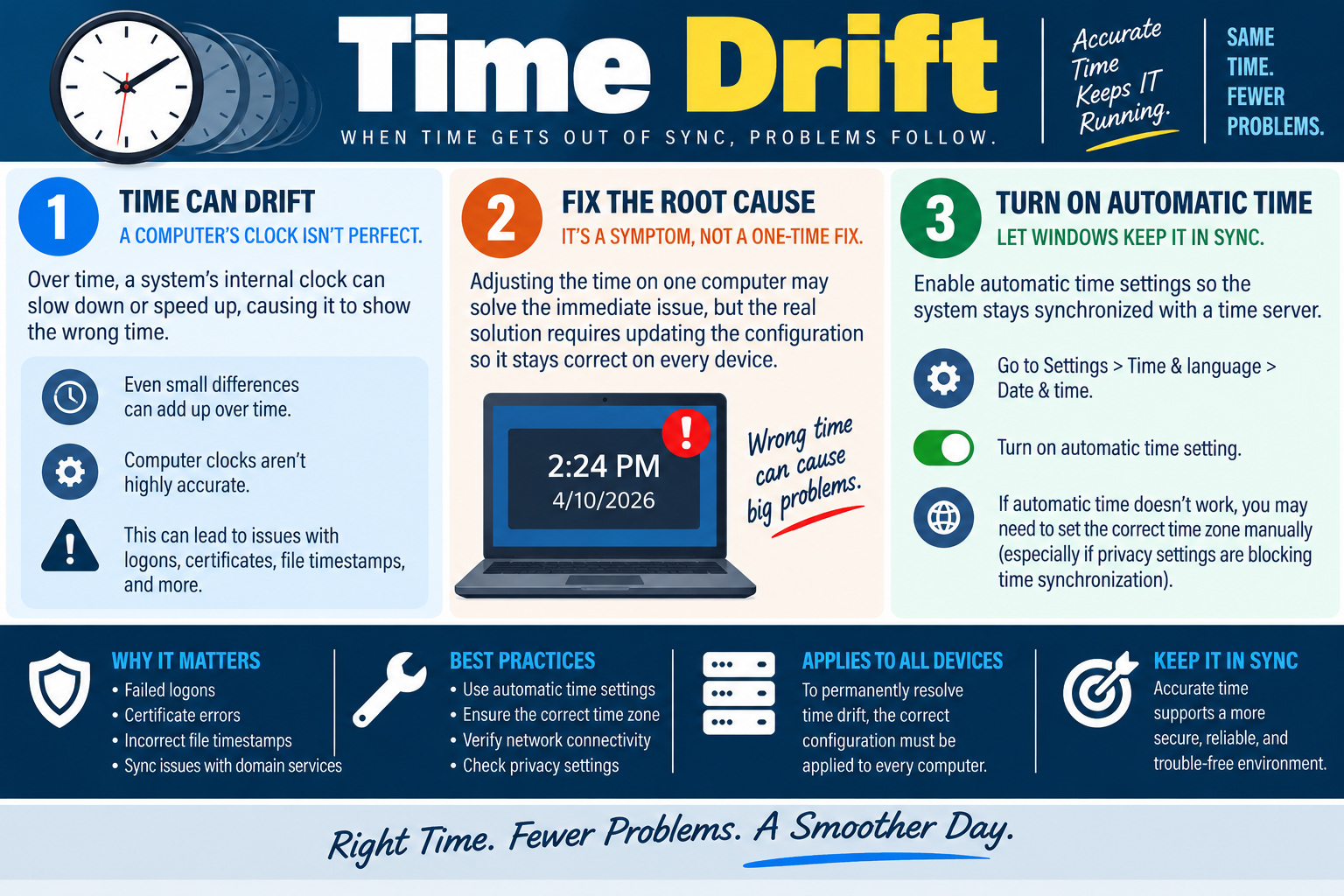 Time drift infographic explaining clock drift, root cause repair, automatic time settings, time zone configuration, failed logons, certificate errors, timestamps, and domain sync issues.