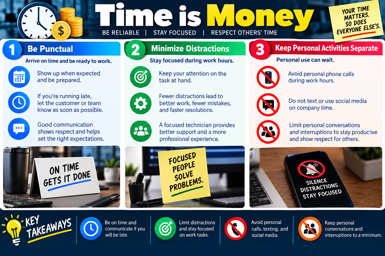 Time is Money infographic explaining punctuality, minimizing distractions, separating personal activities from work, and key takeaways for professional IT support.