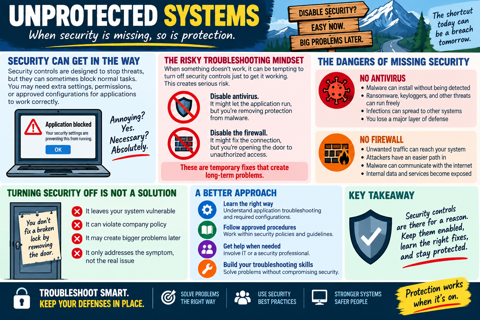 Unprotected systems infographic explaining why disabling security controls during troubleshooting creates risk, dangers of no antivirus or no firewall, malware and unauthorized traffic exposure, policy violations, safer troubleshooting procedures, scoped fixes, escalation, and keeping defenses enabled.
