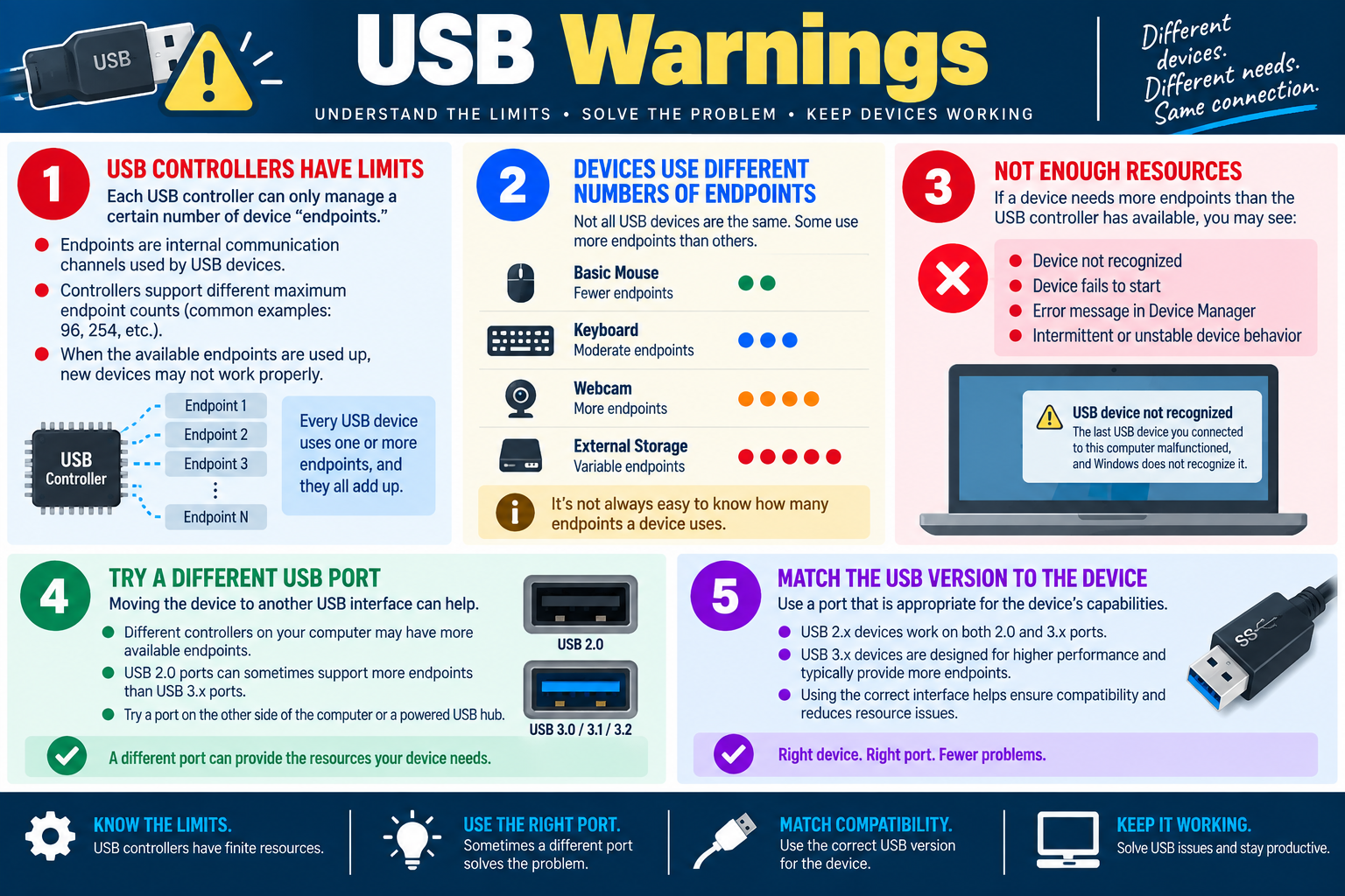 USB warnings infographic explaining USB controller endpoint limits, device endpoint usage, resource warnings, ports, and USB version compatibility.