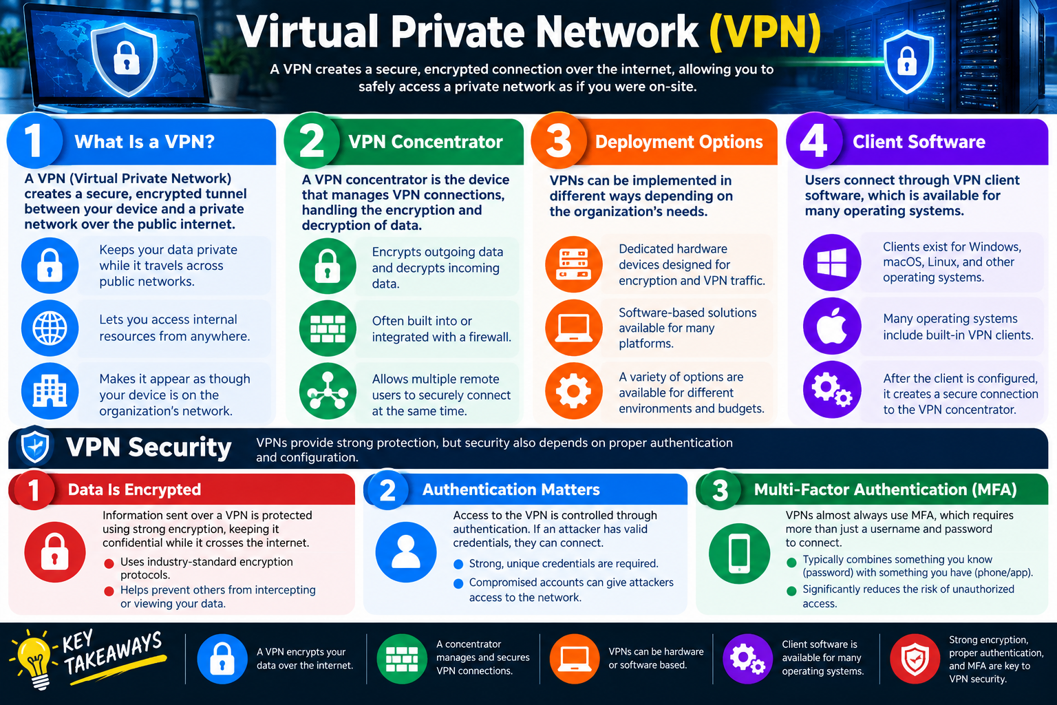 Virtual Private Network VPN infographic explaining VPN tunnels, VPN concentrators, deployment options, client software, encryption, authentication, and multifactor authentication.