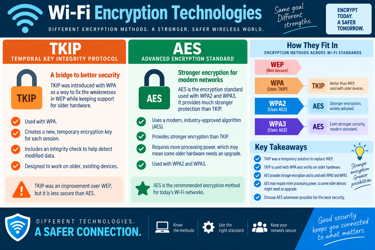 Infographic comparing TKIP and AES wireless encryption technologies across WEP, WPA, WPA2, and WPA3, with key takeaways about stronger modern Wi-Fi security.