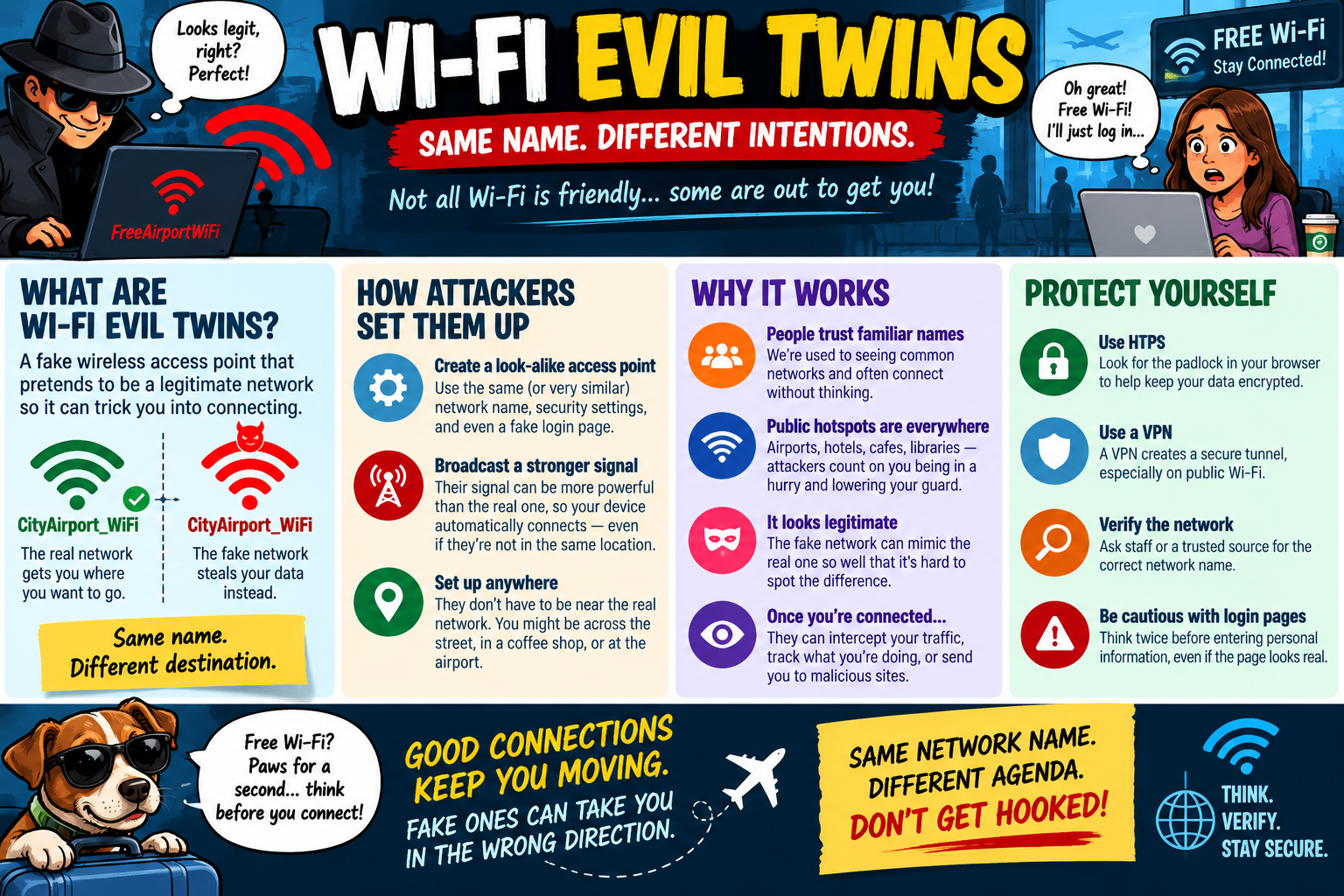 Wi-Fi evil twins infographic explaining fake wireless access points that mimic legitimate network names, stronger attacker signals, public hotspot risks, fake login pages, traffic interception, and protection through HTTPS, VPNs, network verification, and caution with login pages.
