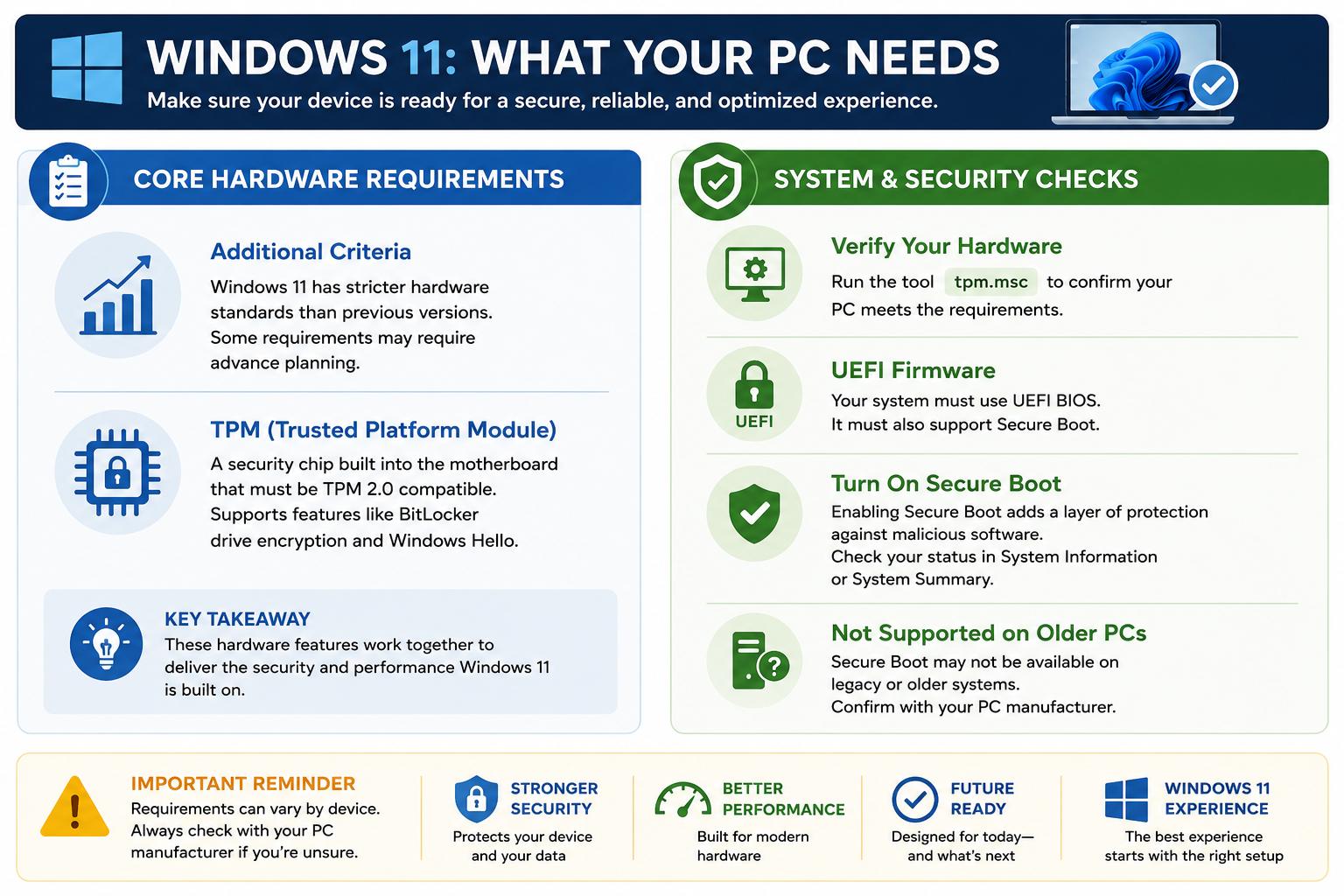 Infographic explaining Windows 11 PC requirements including TPM 2.0, UEFI firmware, Secure Boot, system and security checks, tpm.msc, and older PC compatibility limitations.