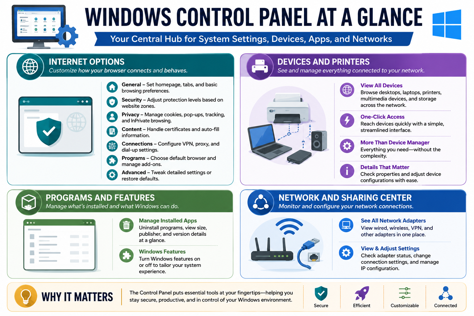 Windows Control Panel at a glance infographic covering Internet Options, Devices and Printers, Programs and Features, and Network and Sharing Center