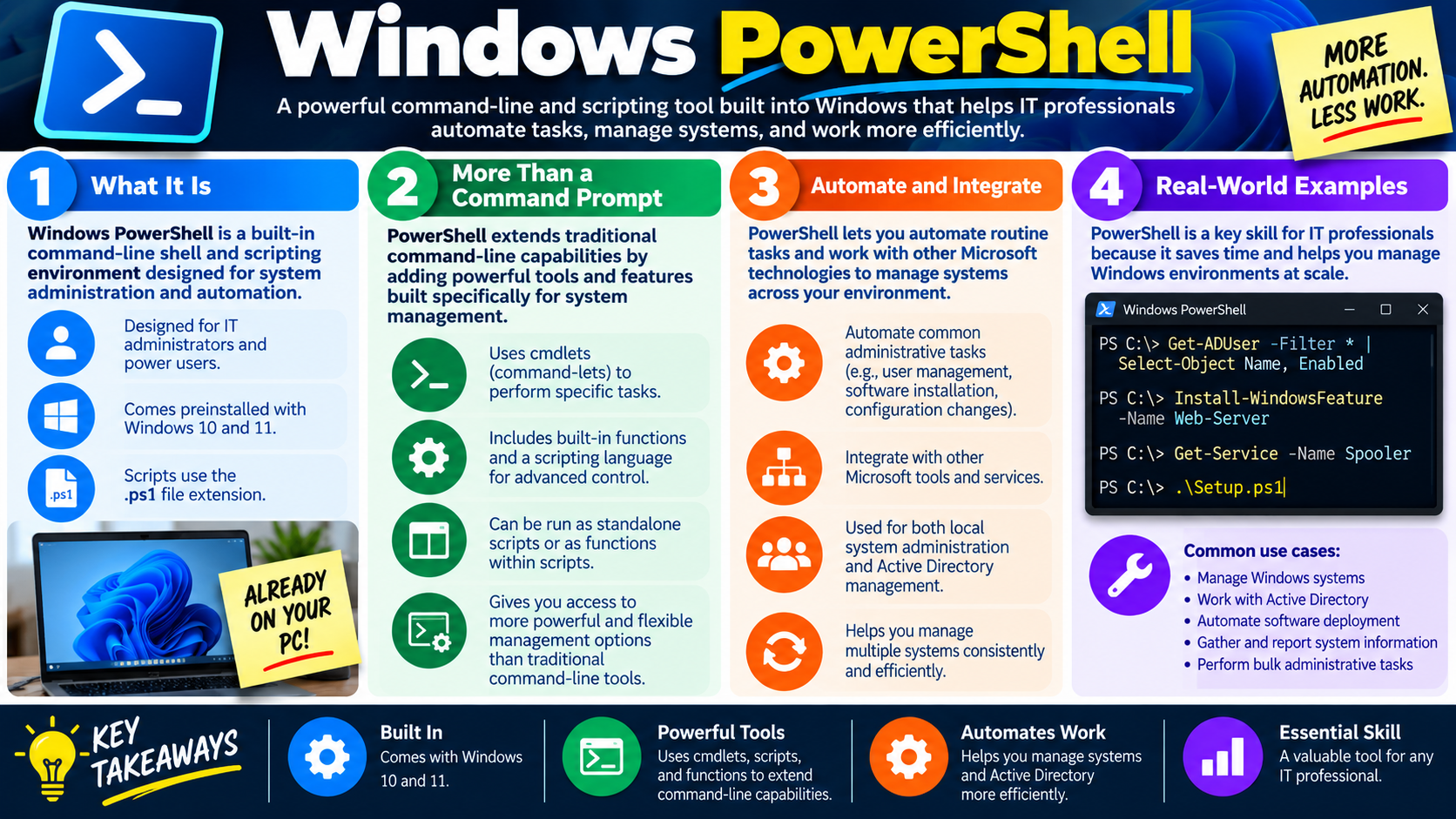 Windows PowerShell infographic explaining what PowerShell is, how it extends the command prompt, automation and integration, real-world examples, and key takeaways.