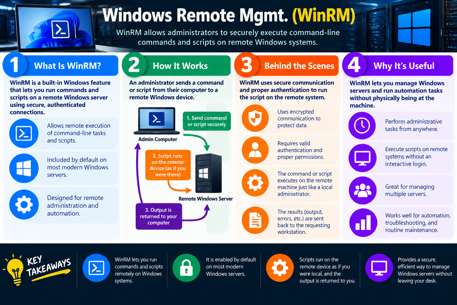 Windows Remote Management WinRM infographic explaining remote command execution, secure authenticated communication, output return, and why WinRM is useful for Windows server automation and management.