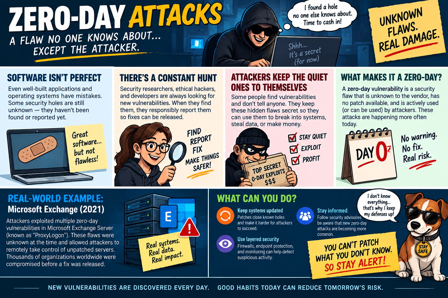 Zero-day attacks infographic explaining unknown software flaws, vulnerability research, attackers keeping flaws secret, the definition of a zero-day, Microsoft Exchange 2021 as a real-world example, and protections such as updates, layered security, and security advisories.